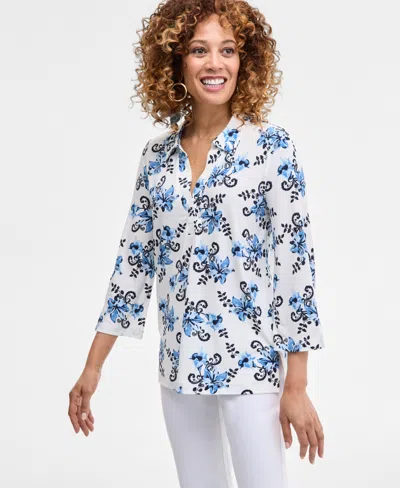 Jm Collection Women's Printed Collared 3/4-sleeve Top, Exclusively At Macy's In Blue