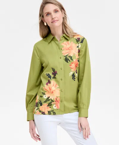 Jm Collection Women's Printed Cotton-poplin Blouse, Exclusively At Macy's In Palm Frond Combo