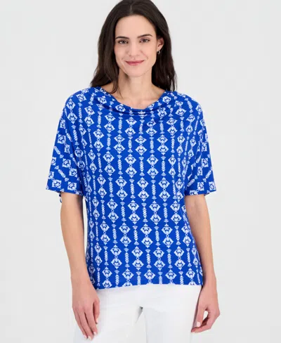 Jm Collection Women's Printed Cowl-neck Knit Top, Macy's Exclusive In Blue