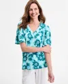 Jm Collection Plus Size Printed Flared-sleeve V-neck Top, Exclusively At Macy's In Green