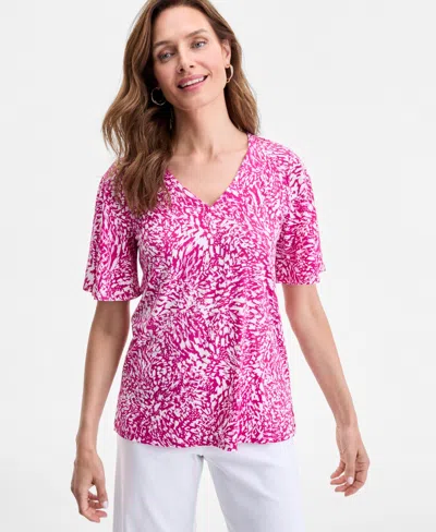 Jm Collection Women's Printed Crepe V-neck Short Sleeve Top, Exclusively At Macy's In Purple