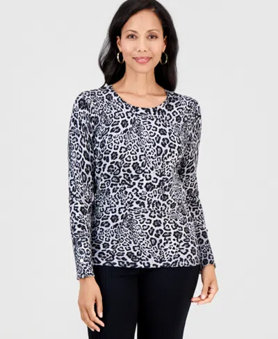 Jm Collection Women's Printed Crewneck Sweater, Macy's Exclusive In Blue
