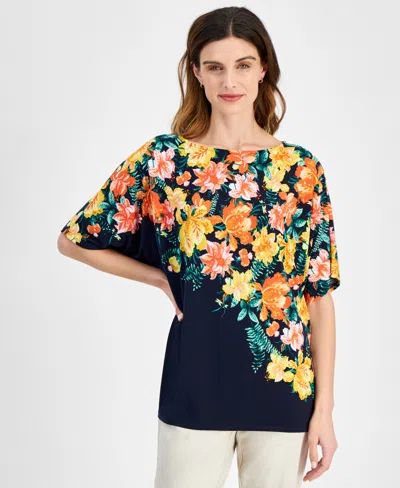 Jm Collection Women's Printed Dolman-sleeve Top, Created For Macy's In Intrepid Blue Combo