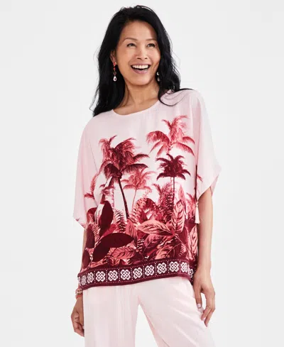 Jm Collection Petite Oasis Palm-print Tassel-trim-sleeve Top, Created For Macy's In Ruby Slippers Combo