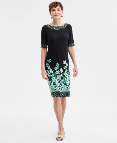 Jm Collection Plus Size Border-print Short-sleeve Shift Dress, Exclusively At Macy's In Deep Black