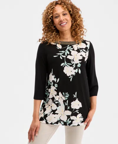 Jm Collection Women's Printed Embellished 3/4-sleeve Boat-neck Top, Macy's Exclusive In Multi