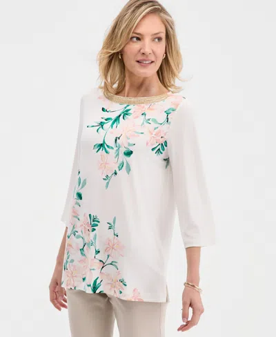 Jm Collection Women's Printed Embellished 3/4-sleeve Boat-neck Top, Macy's Exclusive In Multi