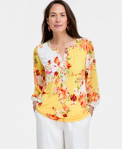 Jm Collection Women's Printed Embellished Split-neck Top, Exclusively At Macy's In Yellow