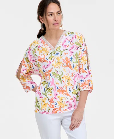 Jm Collection Women's Printed Embellished Top, Exclusively At Macy's In Bright White