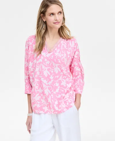 Jm Collection Women's Printed Embellished Top, Exclusively At Macy's In Multi