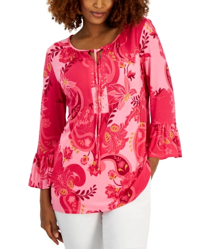Jm Collection Women's Printed Embellished Tunic With Ruffle Sleeves, Created For Macy's In Claret Rose Combo