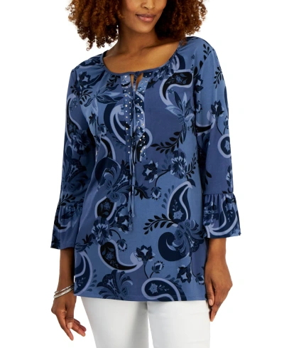 Jm Collection Women's Printed Embellished Tunic With Ruffle Sleeves, Created For Macy's In Intrepid Blue Combo