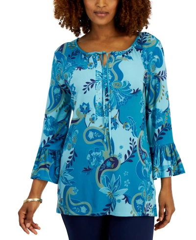 Jm Collection Women's Printed Embellished Tunic With Ruffle Sleeves, Created For Macy's In Seafrost Combo