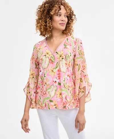 Jm Collection Women's Printed Embellished V-neck Ruffle-sleeve Top, Exclusively At Macy's