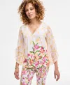 Jm Collection Women's Printed Embellished V-neck Ruffle-sleeve Top, Exclusively At Macy's