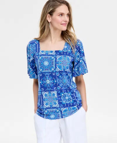 Jm Collection Women's Printed Flutter-sleeve Top, Exclusively At Macy's In Bright Marine Combo