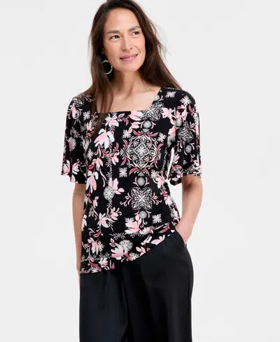 Jm Collection Women's Printed Flutter-sleeve Top, Exclusively At Macy's In Deep Black Combo