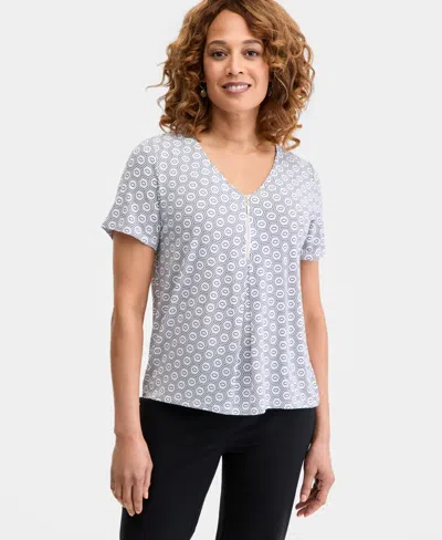 Jm Collection Women's Printed Front Zipper V-neck Top, Macy's Exclusive In Gray