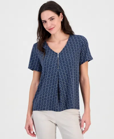 Jm Collection Women's Printed Front Zipper V-neck Top, Macy's Exclusive In Multi