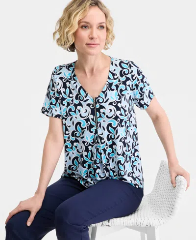 Jm Collection Women's Printed Front Zipper V-neck Top, Macy's Exclusive In Multi