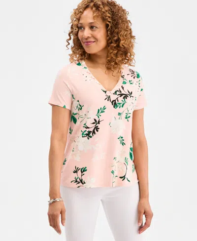 Jm Collection Womens Printed Grommet Knit V Neck Top Macys Exclusive In Pink
