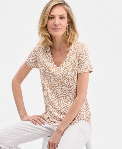 Jm Collection Women's Printed Grommet Knit V-neck Top, Macy's Exclusive In Brown
