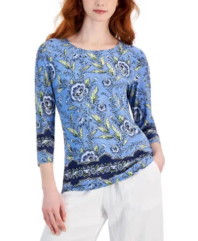 Jm Collection Women's Printed Jacquard Knit Top, Created For Macy's In Watery Blue Combo