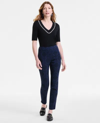 Jm Collection Women's Printed Jacquard Pull-on Pants, Exclusively At Macy's In Intrepid Blue
