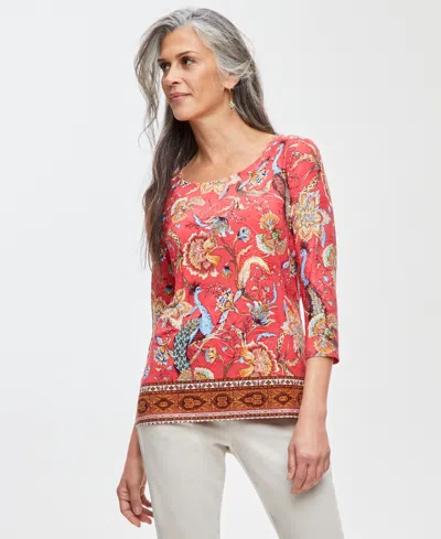Jm Collection Women's Printed Jacquard Scoop-neck Top, Created For Macy's In Tomato Puree Combo
