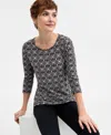 Jm Collection Plus Size Jacquard Printed 3/4-sleeve Top, Exclusively At Macy's In Black White Combo