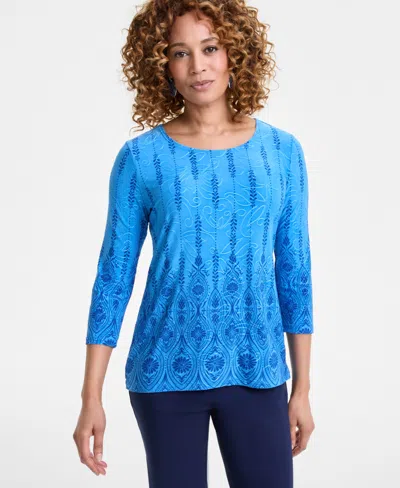 Jm Collection Women's Printed Jacquard Scoop-neck Top, Exclusively At Macy's In Spa Blue