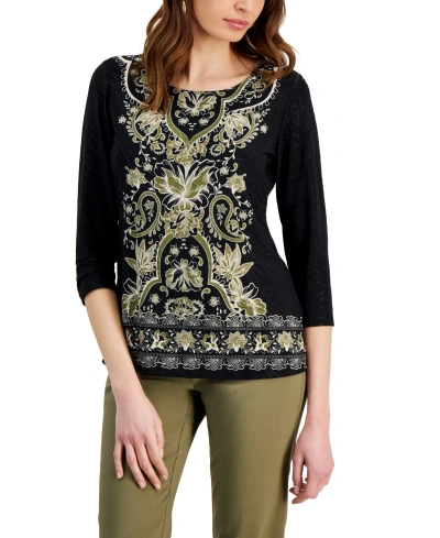 Jm Collection Women's Printed Jacquard Top, Created For Macy's In Deep Black Combo