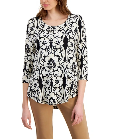 Jm Collection Women's Printed Knit 3/4-sleeve Top, Created For Macy's In White Scrolls
