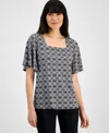 Jm Collection Women's Printed Knit Crepe Top, Exclusively At Macy's In Deep Black