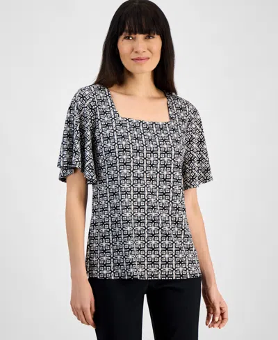 Jm Collection Women's Printed Knit Crepe Top, Exclusively At Macy's In Deep Black