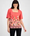Jm Collection Plus Size Printed Square-neck Short-sleeve Top, Exclusively At Macy's In Pink Royal