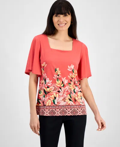 Jm Collection Plus Size Printed Square-neck Short-sleeve Top, Exclusively At Macy's In Pink Royal