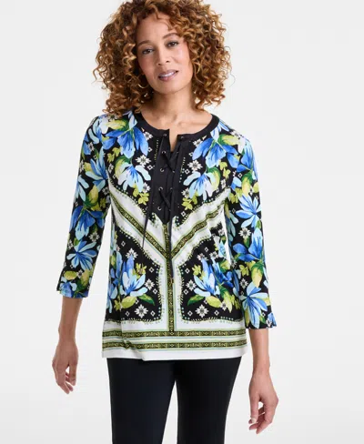 Jm Collection Women's Printed Lace-up 3/4-sleeve Top, Exclusively At Macy's In Deep Black