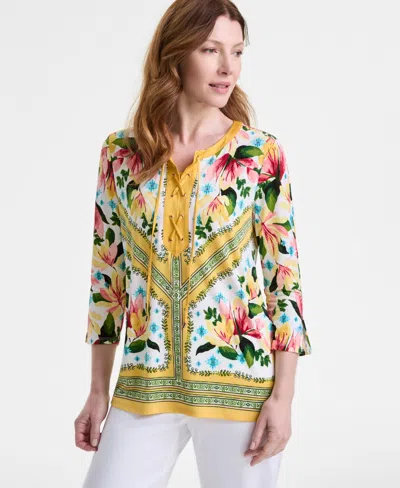 Jm Collection Women's Printed Lace-up 3/4-sleeve Top, Exclusively At Macy's In Sweet Mandrin
