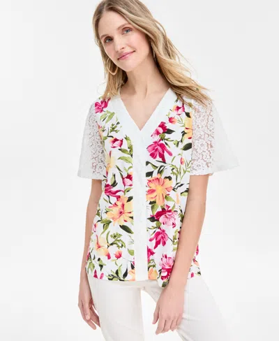 Jm Collection Women's Printed Lace V-neck Top, Exclusively At Macy's