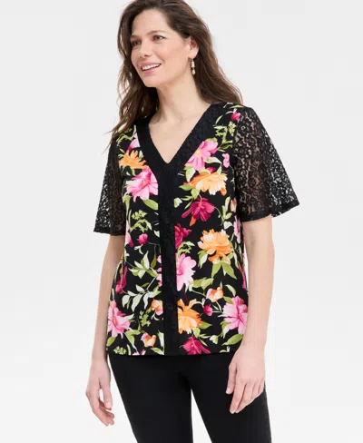 Jm Collection Women's Printed Lace V-neck Top, Exclusively At Macy's In Black