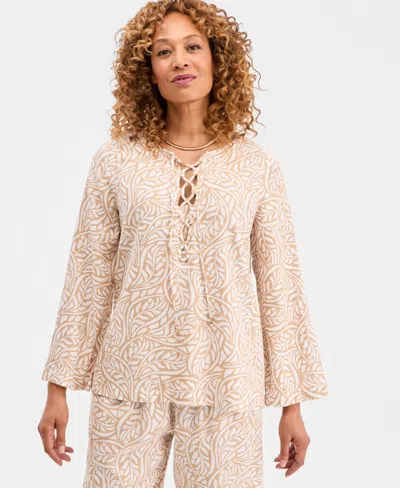 Jm Collection Women's Printed Lace-up Linen-blend Top, Macy's Exclusive In Neutral