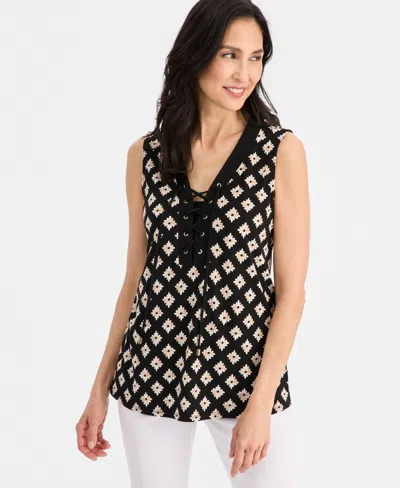 Jm Collection Women's Printed Lace-up Sleeveless Top, Macy's Exclusive In Black