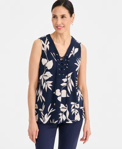 Jm Collection Women's Printed Lace-up Sleeveless Top, Macy's Exclusive In Blue