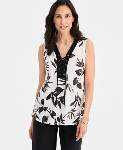 Jm Collection Womens Printed Lace Up Sleeveless Top Macys Exclusive In White