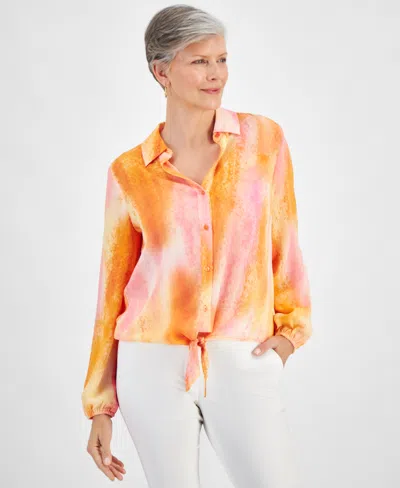 Jm Collection Women's Printed Long Sleeve Button-front Tie-hem Top, Created For Macy's In Cheerful Tangerine Combo