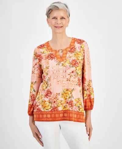 Jm Collection Women's Printed Long Sleeve Hardware-trim Keyhole Top, Created For Macy's In Rose Cloud Combo