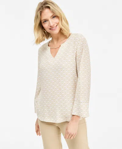Jm Collection Women's Printed Long-sleeve V-neck Blouse, Macy's Exclusive In Neutral Geo