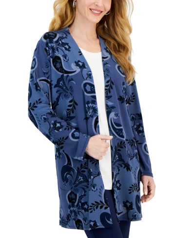 Jm Collection Women's Printed Open Front Cardigan, Created For Macy's In Intrepid Blue Combo