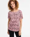 Jm Collection Women's Printed Pleat Neck Short-sleeve Top, Exclusively At Macy's In Multi